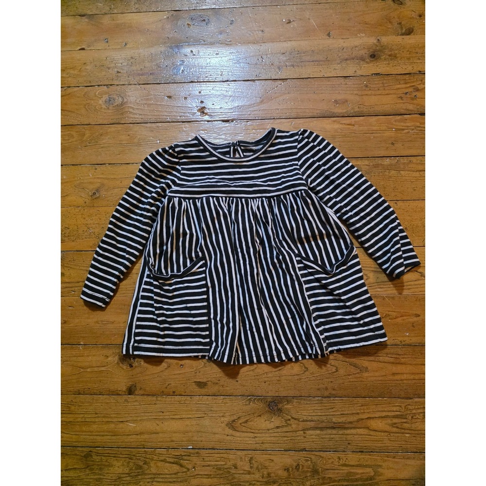 Toddler Girls Black White Striped Long Sleeve Babydoll‎ Dress with Pockets